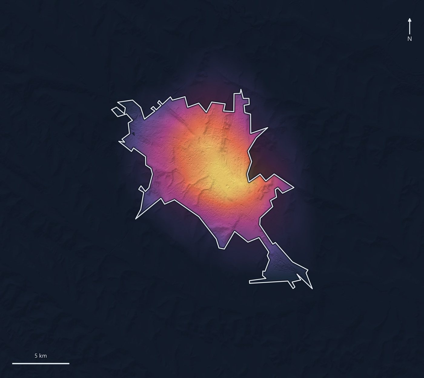 Map of Chișinău with the tropospheric nitrogen dioxide column for 2025, highest over the city centre and falling towards the edges.