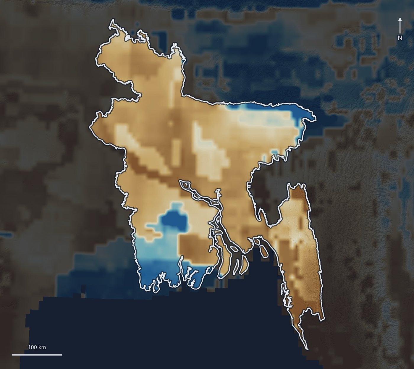 Map of Bangladesh coloured by surface soil moisture in the dry season, drier in the north-west and wetter in the north-east wetlands and the south-west coast.
