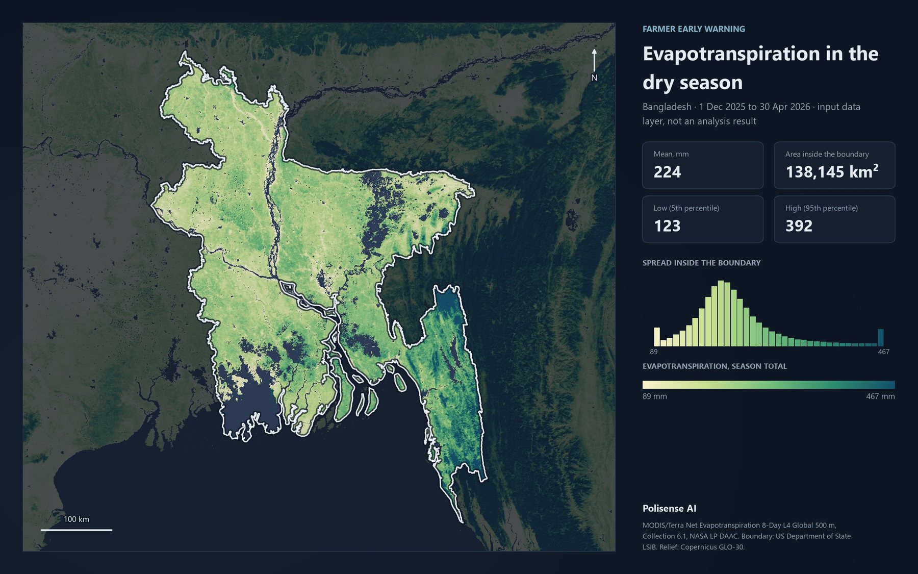 Map of Bangladesh coloured by total evapotranspiration over the dry season at 500 m, highest in the forested south-east hills.