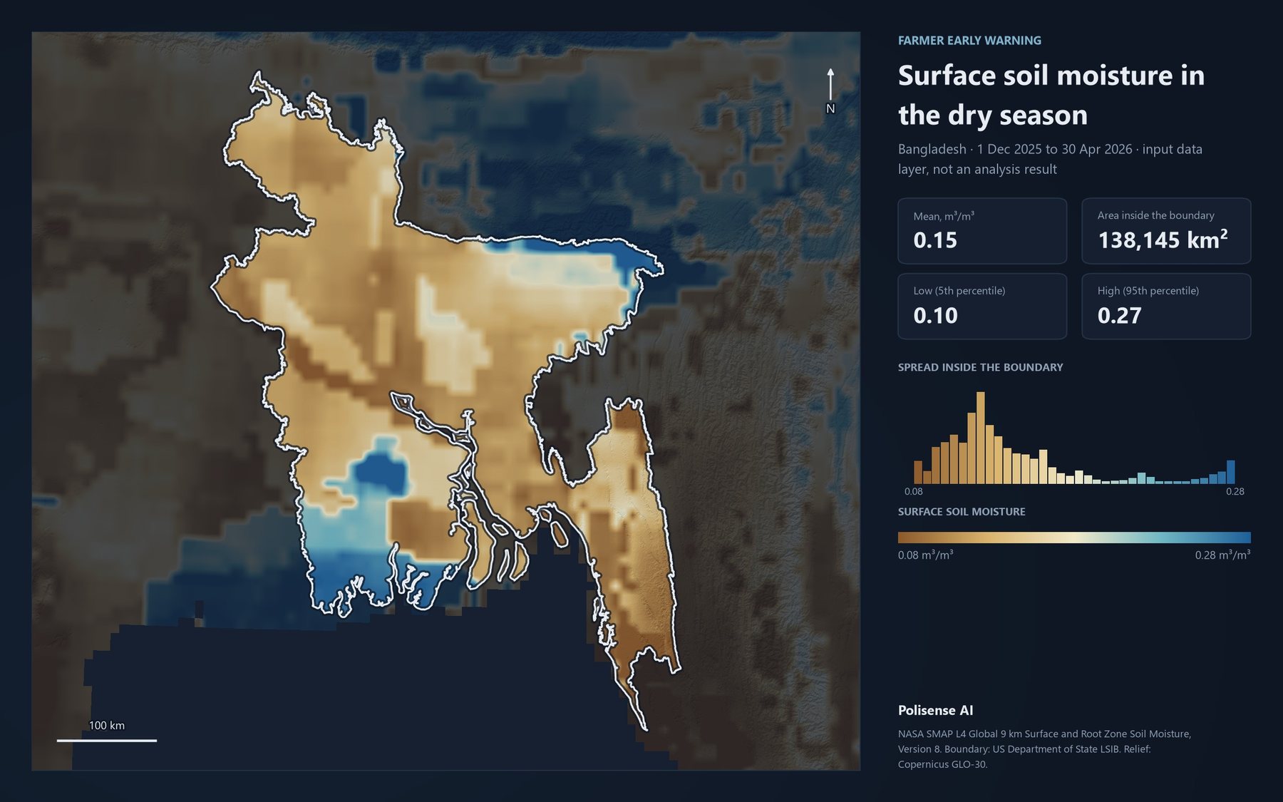 Map of Bangladesh coloured by surface soil moisture, with the mean, the 5th and 95th percentiles and a histogram of values inside the country.