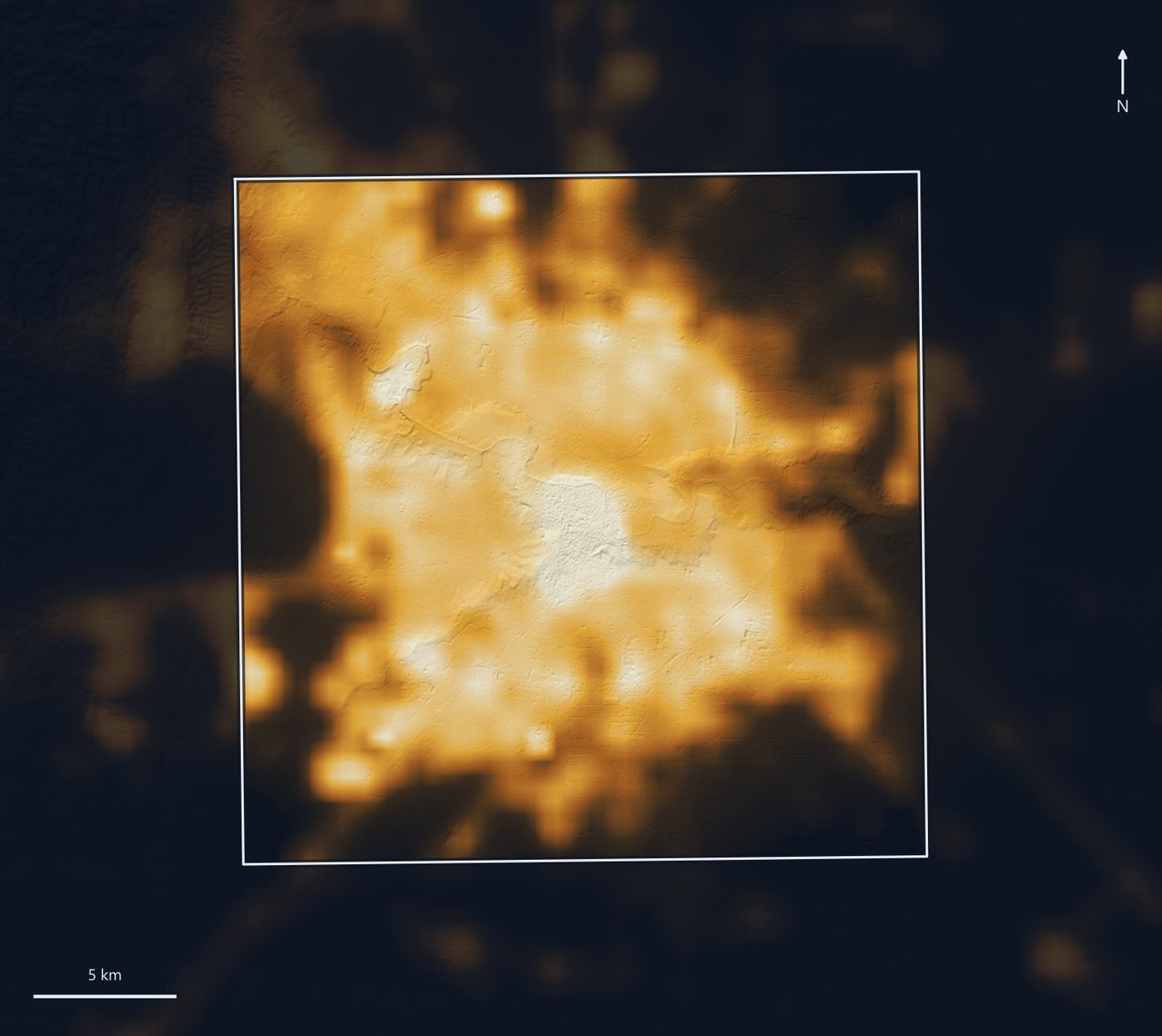 Map of Córdoba, Argentina, showing night-time light radiance for 2025, brightest in the centre and along the main corridors.