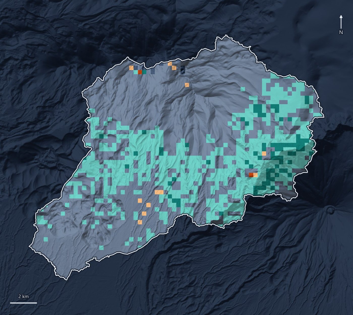 Shaded-relief map of a 225 km² watershed near Arequipa, 2017 to 2025, with each pixel coloured by vegetation recovery, decrease, stable or uncertain.