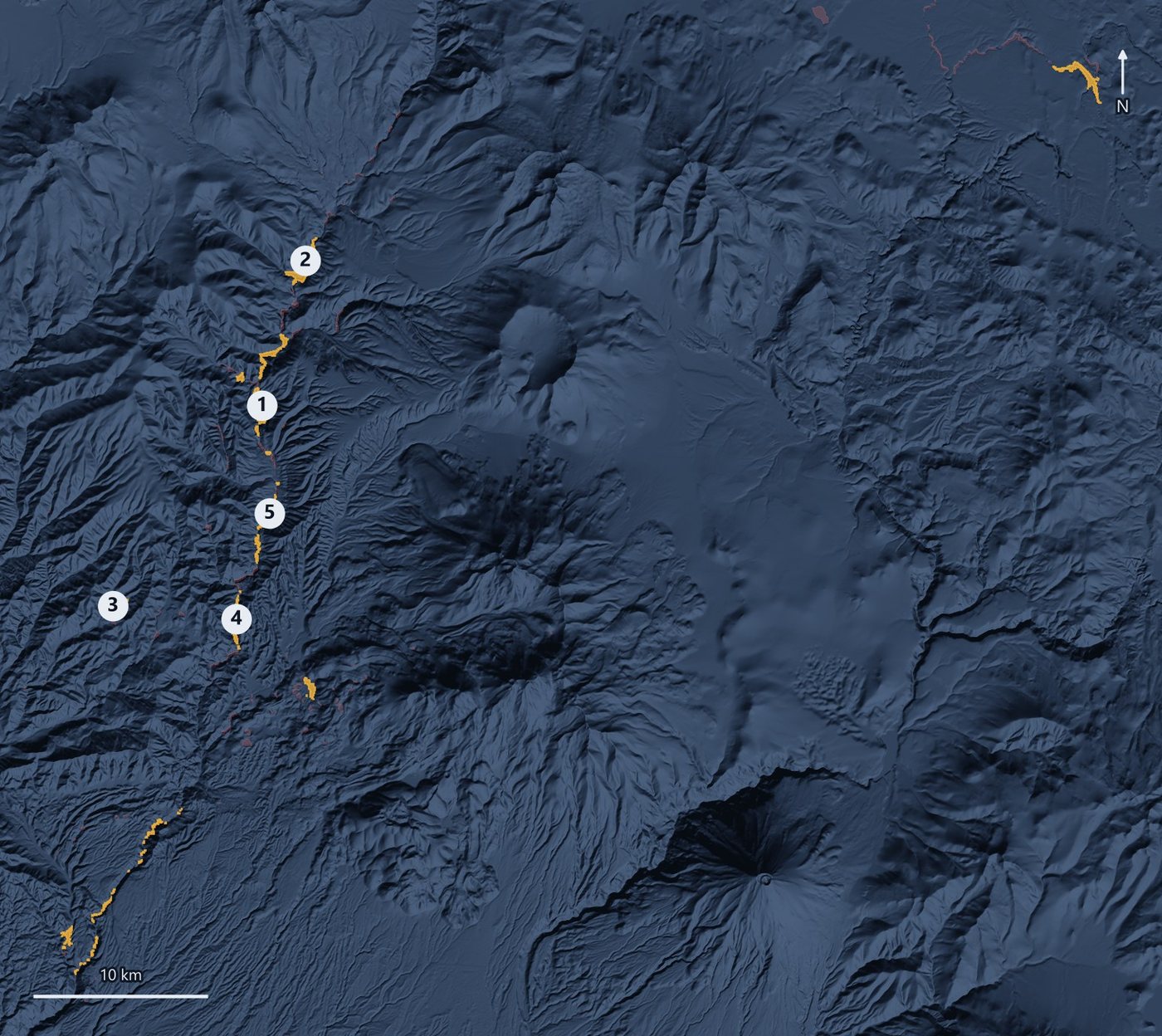 Shaded-relief map of the Arequipa highlands, Peru, with the natural basins kept after screening marked in amber and the top five numbered.